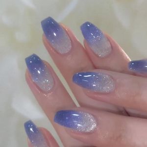 24 Stuks Amandelvormige Druknagels met Blauw Verblindend Kleurverloop