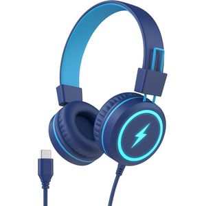 StayPowered Kinderhoofdtelefoon - Veilig en Stijlvol met LED-Verlichting - USB-C Aansluiting - Volumelimiet 85/94 dB - Ingebouwde Microfoon - Opvouwbaar en Lichtgewicht - Zachte Oorkussens - Stereo Geluid - Blauw - Levering Sneller dan Aangegeven!