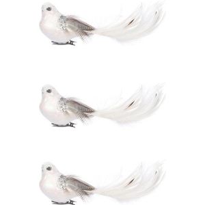 Witte decoratie vogeltjes op clip 3 stuks 18 cm - Hobby/knutsel vogels - decoratie vogels - kerstboomversiering vogels