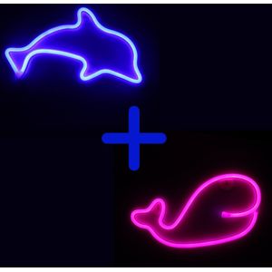 Neon Lamp - Dolfijn Blauw + Walvis Roze - Incl. 6 Batterijen - Neon Verlichting - Neon Led Lamp - Neon Wandlamp