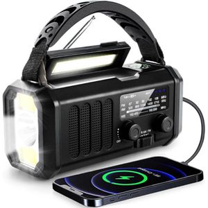 Noodradio op Zonne-energie - 10.000mAh Solar Powerbank - FM/AM - SOS-alarm - Survival Noodpakket - Zaklamp Oplaadbaar - met Zaklamp en Leeslamp - voor Stroomuitval en Kamperen - Zwart