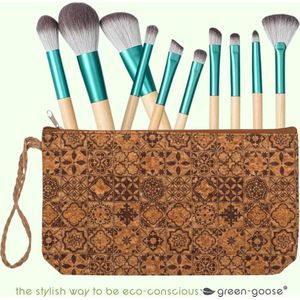green-goose® Bamboe Make-up Kwasten in Kurk Tasje | Toilettas | Bruine Tegel | 24x14 cm | Reisetui | Make-up Tasje