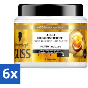 6 x Gliss - Haarmasker - 4in-1 Hair Butter - Voor Intensieve Herstelverzorging - 400 ml - Haar Masker - Haar Herstel - Droog Haar - Beschadigd Haar - Glans