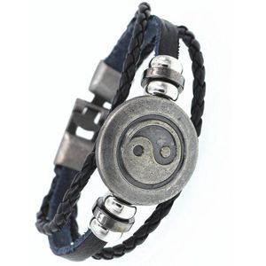 Stoere Heren Armband Leer - Yin Yang - Leer met Metalen Accenten - Armbanden - Cadeau voor Man