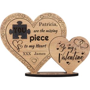 Valentijn - ontbrekende puzzelstukje - houten wenskaart - Valentijnskaart van hout - cadeau 14 februari - be my Valentine - gepersonaliseerd - 17.5 x 25 cm