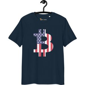 Bitcoin T-shirt - American Bitcoin Flag - Unisex - 100% Biologisch Katoen - Marine Blauw - Maat XL | Bitcoin cadeau| Crypto cadeau| Bitcoin T-shirt| Crypto T-shirt| Crypto Shirt| Bitcoin Shirt| Bitcoin Merch| Crypto Merch| Bitcoin Kleding