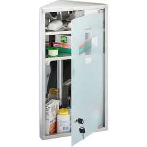 medicijnkastje met slot - 56 x 30 x 18 cm - voor hoek - glazen deur - rvs