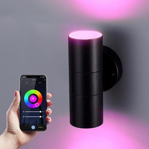 HOFTRONIC Blenda - LED Wandlamp - WiFi + Bluetooth - RGBWW 16,5 miljoen kleuren - Mat Zwart - Up and Down Light - GU10 Smart Home - Bedienbaar via Smartphone, Bedienbaar via stem - IP44 waterdicht Wandlamp Buiten, badkamer en binnen