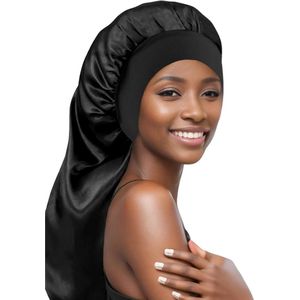 Satijnen Slaapmuts XL - Bonnet satijn - Satijnen Bonnet - Haarnetje - Zwart - 2 Stuks