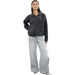 Trendyol Antraciet Super Wide Pattern Polo Kraag Boucle Breiwerk Cardigan Twoaw24Hi00177