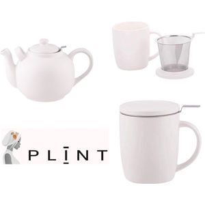 Plint - Retro - Theeset - Theepot 1.5L + 2 theemokken 450ml met theefilter en deksel - Aardewerk - Wit