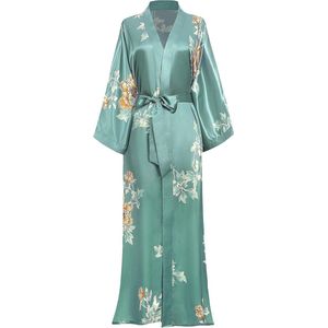 Allecto plus - Maxi ochtendjas dames zijde satijn kimono pauwpatroon 135 cm lang zilver groen