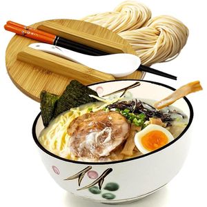 Keramische kommenset - Ramen kom instant noedelschaal met deksel - Aziatisch servies Pho soepkommen - Japanse noodle serviesset met eetstokjes - wit Kommenset