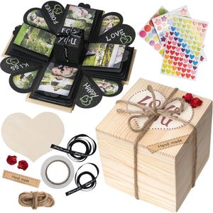 Zwarte Explosion Box in Houten Doos - Verrassingsdoos met Foto's - Perfect Cadeau voor Verloving, Verjaardag, en Meer - DIY Exploderende Doos