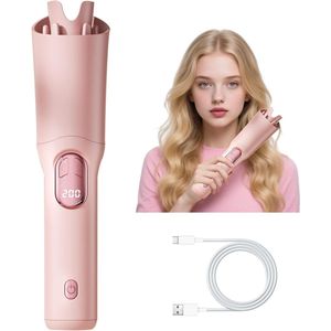 Automatische krultang, oplaadbare krultang, roterende krultang met 3 temperatuurstanden en lcd-scherm, keramische krultang, anti-verbranding, anti-klit, draadloze krultang voor op reis (roze)
