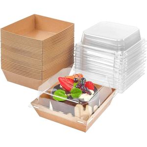 50 stuks 12 cm taartdozen met doorzichtige deksels - oliebestendig - papieren charcuterie-dozen voor desserts - voedselcontainers voor cupcakes en macarons - afhaaldozen voor bakkerij