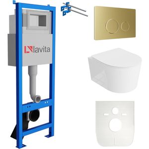 LAVITA® Inbouwreservoir Complete Toiletset LAV 101 - Inbouw WC Hangtoilet Wandcloset LOSO Wit Hoogglans - Bedieningsplaat 200.4.5 Gouden - Voorwandelement voor toilet 40cm - Installatiesysteem