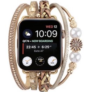 Applewatch -Bohemian flower style horlogebandje-42/44/45 mm leer en kralen