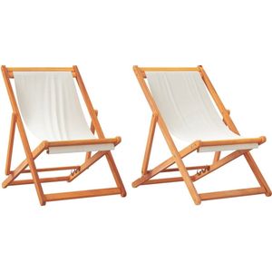 The Living Store Strandstoelen 2 st inklapbaar stof crèmewit - Strandstoel - Lounge Stoel - Tuinset - Buitensteun - Relaxfauteuil