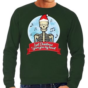 Grote maten foute Kersttrui / sweater - Last Christmas I gave you my heart - skelet - groen voor heren - kerstkleding / kerst outfit XXXXL