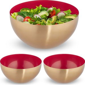 Relaxdays 3x saladeschaal - 3,5 liter - rood-goud - slakom - mengkom - Ø 25cm - rvs