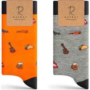 RAFRAY - Premium Sokken - Grijs & Oranje - Funky Socks - Cadeaubox - 2 paar