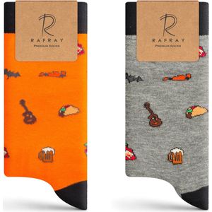 RAFRAY Sokken - Funky Socks - All The Good Stuff - Grijs & Oranje Sokken in Cadeaubox - Premium Katoen - 2 paar - Maat 40-44