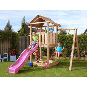 Jungle Gym speeltoestel van douglas hout - Jungle House met roze glijbaan - Tuin speeltoestel voor buiten met zandbak en schommel
