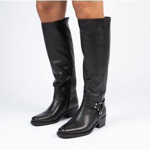 Manfield - Dames - Zwarte leren hoge laarzen met zilverkleurige details - Maat 36