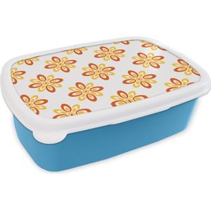 Broodtrommel Blauw - Lunchbox - Brooddoos - Patroon - Jaren 70 - Bloemen - Oranje - 18x12x6 cm - Kinderen - Jongen