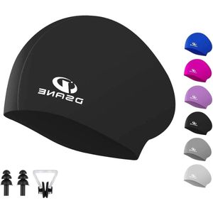 Siliconen badmuts lang haar 3D ergonomisch ontwerp zwemhoed - zwart - oordop en neusclip