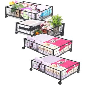 60 x 40 x 16 cm zwarte ladekast onder bed met wielen, opvouwbare metalen opbergdoos onder bed met wielen, opbergruimte onder bed, geschikt voor onder het bed, onder de bank, onder de tafel