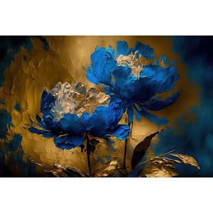 Canvas - abstract landscape with blue peonies in gold. Afmeting 150x100cm