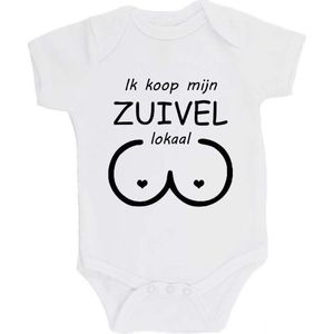 100% katoenen Romper bedrukt met grappige tekst Kado Cadeau Kraamkado Kraamcadeau ""Ik koop mijn zuivel lokaal"" Unisex Katoen Wit/zwart Maat 68/74