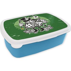 Broodtrommel Blauw - Lunchbox - Brooddoos - Domino stenen - Hoed - Retro - 18x12x6 cm - Kinderen - Jongen