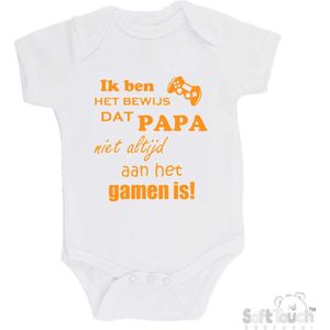 100% katoenen Romper ""Ik ben het bewijs dat PAPA niet altijd aan het gamen is!"" Unisex Katoen Wit/mosterd Maat 56/62