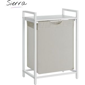 Sierra Wasmand, Wasemmer met plank, Wasbox, Waszak van oxford stof uitschuifbaar verwijderbaar, Metalen frame, 65 L, 50 x 33 x 72 cm, vintage wit