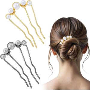 Allecto plus - U-vormige haarkammen met parels voor bruidsstyling en feesten zwart goud (2 stuks)