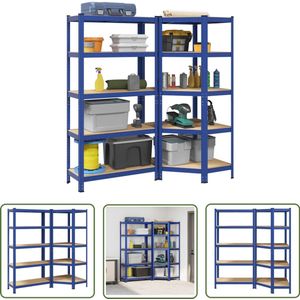 vidaXL Industriele Opslag - Opslagkast - Legbordenset 5-laags 2 st staal & bewerkt hout blauw - Metalen Rek - Houten Plank - Garage Organisatie