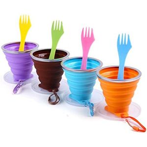 Vitdipy - Opvouwbare siliconen beker - 4 Stuks - Opvouwbare drinkbeker - Kampeer beker - Reisbeker - Met omslag en vork - Siliconen - 270ml