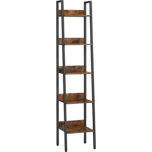 Hoppa! boekenkast - ladder plank met 5 planken - 34 x 30 x 170 cm (LxBxH) - metalen frame - industrieel ontwerp - vintage bruin-zwart