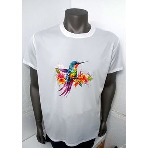T-shirt Heren en damens recycled polyester maat S wit met Kleurrijke vogel nr 240