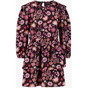 TwoDay meisjes jurk met bloemenprint en ruches zwart roze - Maat 92