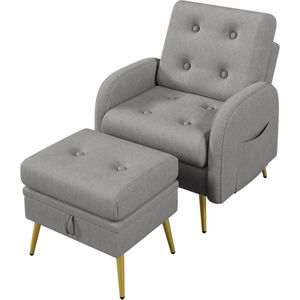 Merax Relaxfauteuil met Voetensteun - 3-standen Verstelbare Rugleuning - Luxe Design - Inclusief Opbergruimte en Zijvak - Grijs