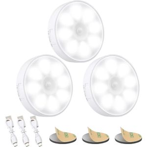 Bewegingssensor Licht Binnen Oplaadbaar - 3 Stuk Nachtlampje - 3M/120° Detectiebereik - 3 Modi Kastverlichting voor Kast - Slaapkamer - Trap - Hal Verlichting - 6000K Koud Wit