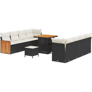 vidaXL - 11-delig - Tuinbankset - met - Kussens - Zwart - Poly - Rattan - Acacia, - - 2-persoons - Tuinbank - met - Kussens - Zwart - Poly - Rattan, - - 3-delige - Tuin - Eetset - met - Kussens - Zwart - Poly - Rattan - Acacia
