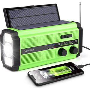 Lopoleis Draagbare Noodradio met Zonnepaneel, Dynamo Crank & Powerbank – Powerbank 5000 mAh – Zaklamp – Zonneenergie – Noodpakket Opwindbaar – Draagbare radio – Groen