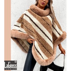 LaGloss® Poncho Pluche Faux Fur Kaki - Warme Winter Omslagdoek + Strepen - 70x100cm %%