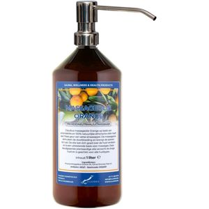 Massageolie Orange 1 liter met zilveren pomp - amber fles - 100% natuurlijk - biologisch en koud geperst
