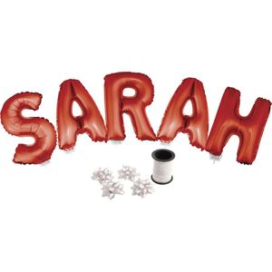 Folie ballonset rood met letters SARAH 41 cm + geschenklint 10m met 4 witte strikken